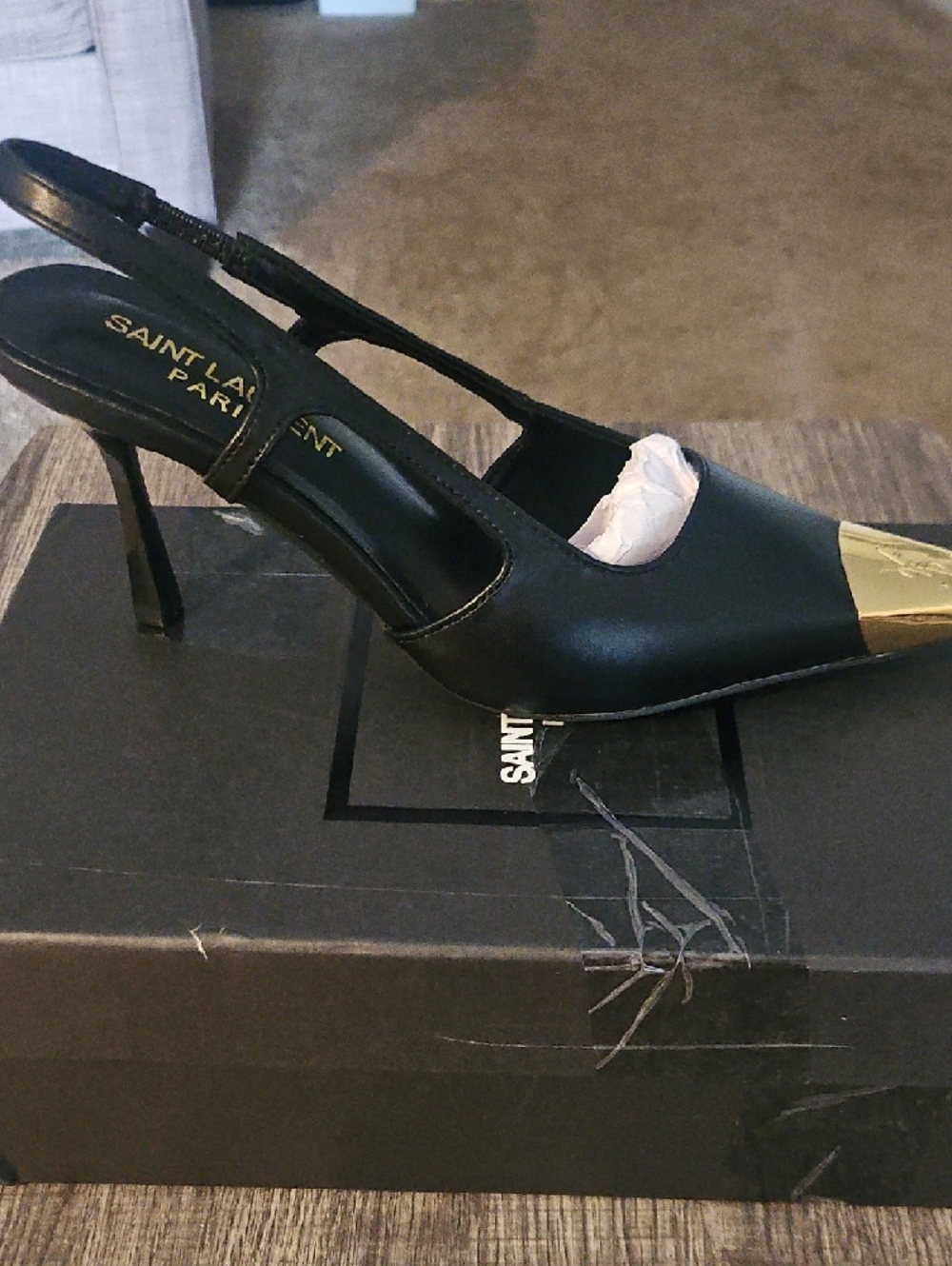 Saint Laurent Black Leather Slingback Pump with Gold Cap Toe - Picture 2 of 3